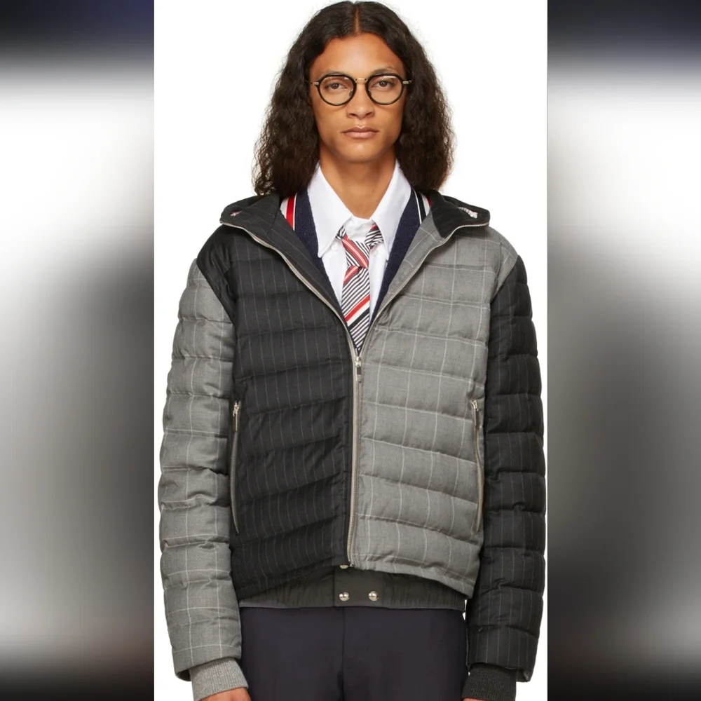 Thom Browne Black & Grey Down Wool Suiting Pinstripe Ski Jacket Size 3